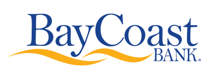 BayCoast Bank logo with blue text and a stylized yellow wave underline.