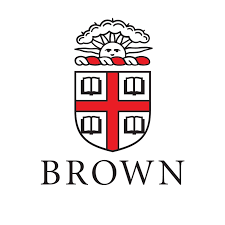 Brown University crest with a sun above a shield featuring a red cross and open books, with "BROWN" text below.