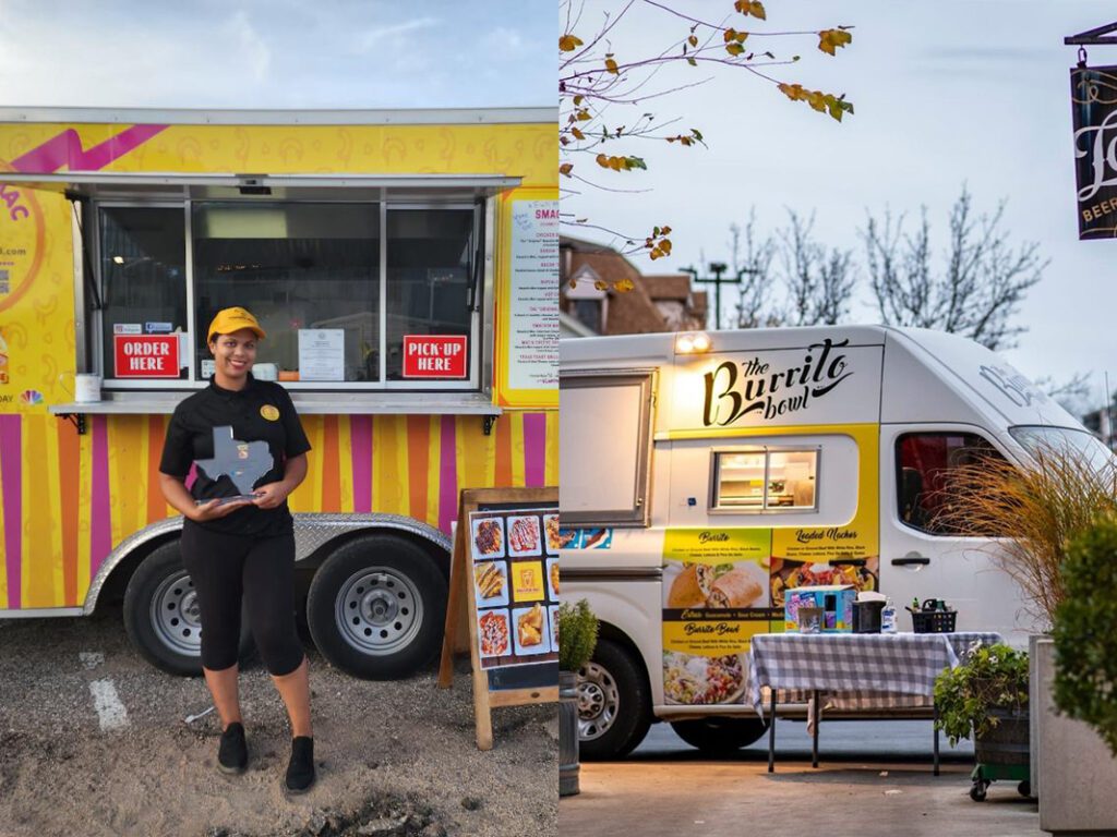 Smack’n Mac food truck with its vibrant yellow and pink exterior, alongside The Burrito Bowl food truck, showcasing its clean white and yellow design with a detailed menu display.