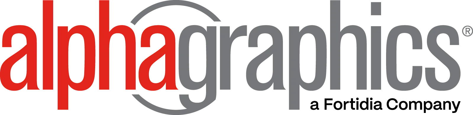 Alphagraphics logo with "alpha" in red and "graphics" in gray, featuring a circular design around the text.