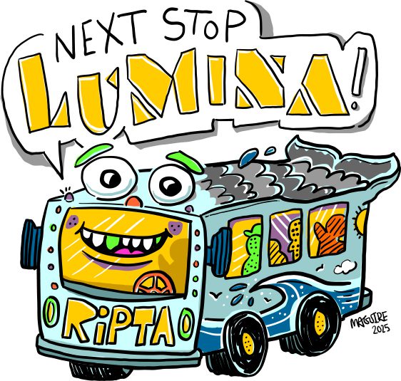 Colorful cartoon bus with text ‘Next Stop Lumina!’ and ‘RIPTA’ on the front, illustrated by MADink401 in 2025.